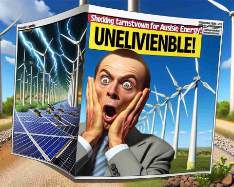 A high-definition, realistic image depicting a surprising change in Australia's energy industry. Fabricate a thrilling scene showcasing wind turbines or solar panels to represent transformation in energy production, along with an exaggerated Homerus styled expression on a person's face to embody disbelief. Include a headline with the words 'Shocking turnaround for Aussie Energy! Unbelievable Developments Ahead!'