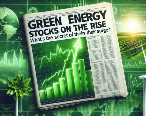 Detailed image of a newspaper headline reading 'Green Energy Stocks on the Rise' with subheading 'What's the Secret Behind Their Surge?' with a visual of upward pointing arrows on a green-colored stock market graph. The background should suggest a sustainable and eco-friendly atmosphere. Imagery associated with clean energy, such as wind turbines, solar panels, and lush greenery should be subtly incorporated.