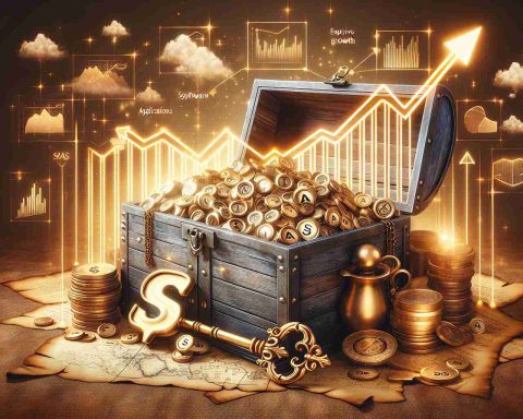 Generate an image that depicts the concept of 'Unlocking SaaS Gold'. Visualize a treasure chest overflowing with metallic symbols for software applications. Accompany this with a lively graph that shows increasing figures or upward trending arrows illustrating explosive growth. Surround the scene with elements that imply secrecy and discovery, such as a vintage golden key, an old map, and faintly glowing whispers of code. This image should be realistic and in High Definition.