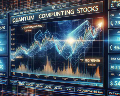 Create an image portraying the concept of Quantum Computing Stocks with skyrocketing values. Show the graphics of the stock market where the trend line is climbing significantly, signifying a bullish market. Include a few big winner stock names at the top of the chart. Also, superimpose text at the top saying 'Quantum Computing Stocks: Skyrocketing Values!' And at the bottom, display the text 'Uncover the Big Winners Now' in a convincing, bold font. The overall image must be HD and look realistic.