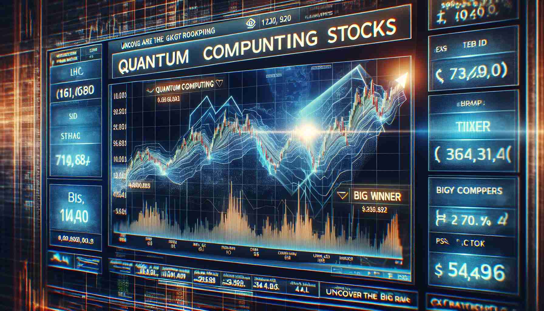 Create an image portraying the concept of Quantum Computing Stocks with skyrocketing values. Show the graphics of the stock market where the trend line is climbing significantly, signifying a bullish market. Include a few big winner stock names at the top of the chart. Also, superimpose text at the top saying 'Quantum Computing Stocks: Skyrocketing Values!' And at the bottom, display the text 'Uncover the Big Winners Now' in a convincing, bold font. The overall image must be HD and look realistic.