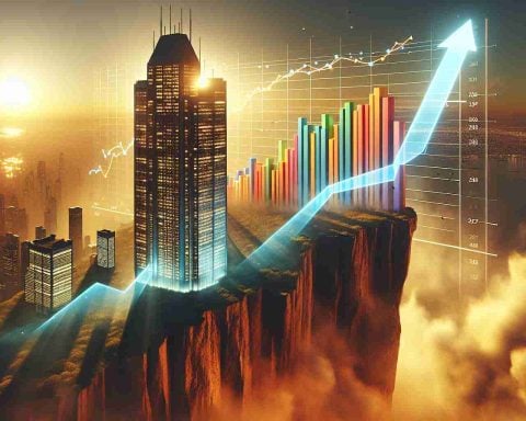 A high-definition, realistic image illustrating the concept of a company, symbolically represented as a towering skyscraper, standing at the edge of a cliff which represents the brink of success. The skyscraper is bathed in warm, golden light, hinting at a bright future. In the sky, a large, vividly colored forecast graph can be seen, with an upward trend highlighted, indicating a huge profit forecast for the year 2027.