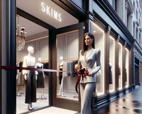 A realistic, high-definition image of a high-end fashion store grand opening in New York City. The founder, a female figure known for her style and elegance, ceremoniously cuts the ribbon in front of the store. She sports a sleek, chic outfit from her very own line, similar to the fashionable clothing the Skims brand is known for. The storefront is festively decorated, with large glamorous windows displaying the boutique's latest offerings.