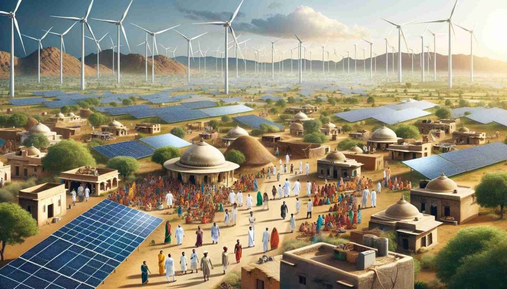 Realistic high-definition image depicting the scene of a massive renewable energy investment in Rajasthan, India. The landscape is filled with modern solar panels and wind turbines under a clear sky. Villages in the distance show the contrast between traditional Indian architecture and the cutting edge technology. People of various genders and descents -- Caucasian, Hispanic, Black, Middle-Eastern, South Asian, White -- are shown working together, signifying the combined effort towards a secure, green future.