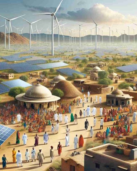 Realistic high-definition image depicting the scene of a massive renewable energy investment in Rajasthan, India. The landscape is filled with modern solar panels and wind turbines under a clear sky. Villages in the distance show the contrast between traditional Indian architecture and the cutting edge technology. People of various genders and descents -- Caucasian, Hispanic, Black, Middle-Eastern, South Asian, White -- are shown working together, signifying the combined effort towards a secure, green future.