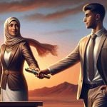 A high-definition, realistic image depicting the symbolic transition of leadership roles in a corporate setting. At sunset, a confident, Middle-Eastern woman passes a metaphorical baton, representing her position as CEO, to a young, South Asian man, an innovator ready to take the helm. She smiles, a mix of sadness and pride in her eyes as she entrusts him with the company's future. The horizon, tinged with the colors of the setting sun, hints at changes on their way, and new beginnings.