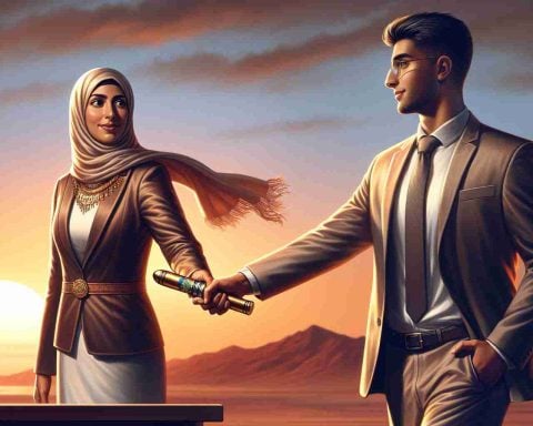 A high-definition, realistic image depicting the symbolic transition of leadership roles in a corporate setting. At sunset, a confident, Middle-Eastern woman passes a metaphorical baton, representing her position as CEO, to a young, South Asian man, an innovator ready to take the helm. She smiles, a mix of sadness and pride in her eyes as she entrusts him with the company's future. The horizon, tinged with the colors of the setting sun, hints at changes on their way, and new beginnings.