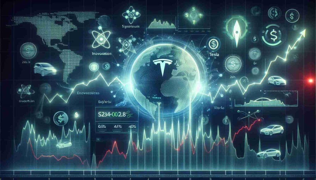 A high-definition visual representation of Tesla's ever-changing market value. The image includes fluctuating graphs, symbols of innovation and green technology, and represents the key points investors should be aware of, such as significant peaks and troughs, investment risks and prospects, and impact of external factors. Please do not include any individuals in the image.