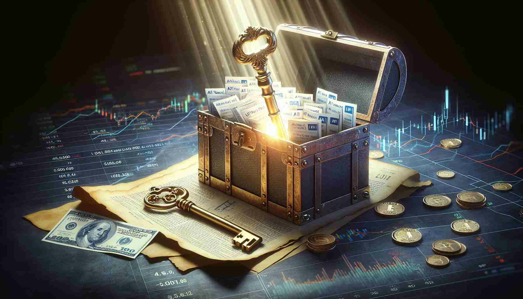 A photorealistic HD image illustrating the concept of unlocking future wealth. The picture should consist of an old-fashioned key made of gold, unlocking a hefty treasure chest filled with documents denoting AI stocks. Beams of light could emanate from the opened chest to signify the immense potential for growth and greatness. Incorporate financial symbols and charts in the background to further emphasize the theme of AI and the stock market.