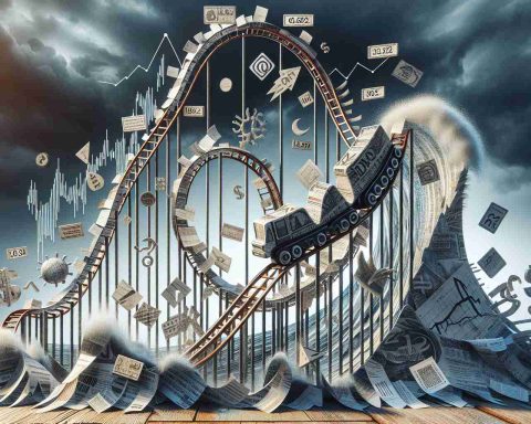 A detailed, high-definition image of a roller coaster crafted out of financial documents, charts, and symbols to form a visual metaphor for financial volatility. The roller coaster should be dramatically ups and downs, mirroring a tumultuous economic journey. Near the roller coaster, we see a 3D logo of an energy company appearing distressed and weathered, possibly to signify financial troubles. The background should house a tumultuous storm, symbolizing uncertainty and turmoil. The image style is realistic and the resolution is high-definition.