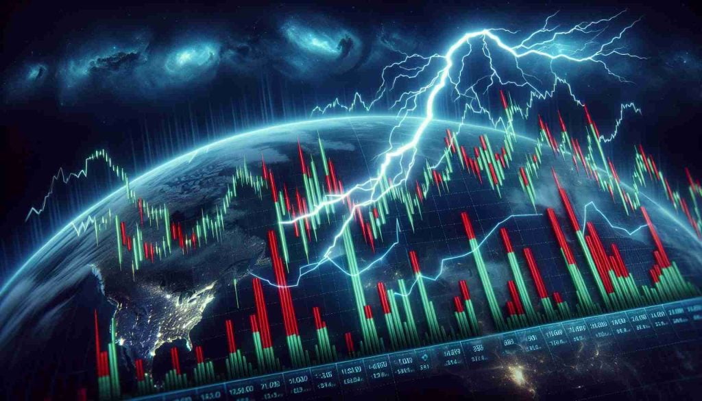 Detailed, high-definition image of a conceptual interpretation of stock market volatility, symbolized by a lightning bolt zigzagging through a graph representing 'Tesla' stocks' after-hour movements. The graph consists of fluctuating red and green bars indicating the sudden ups and downs. The background represents the deep, dark blue, late-night finance world, shining with the lights of Earth seen from space.