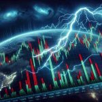 Detailed, high-definition image of a conceptual interpretation of stock market volatility, symbolized by a lightning bolt zigzagging through a graph representing 'Tesla' stocks' after-hour movements. The graph consists of fluctuating red and green bars indicating the sudden ups and downs. The background represents the deep, dark blue, late-night finance world, shining with the lights of Earth seen from space.