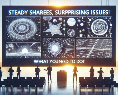 Generate a high-definition, realistic photo of a conceptual presentation about Stardust Solar, a hypothetical solar power company. The presentation has the headline, 'Steady Shares, Surprising Issues! What You Need to Know.' It should depict graphics or visual aids that reflect the theme of stability yet surprising challenges in the solar power industry.