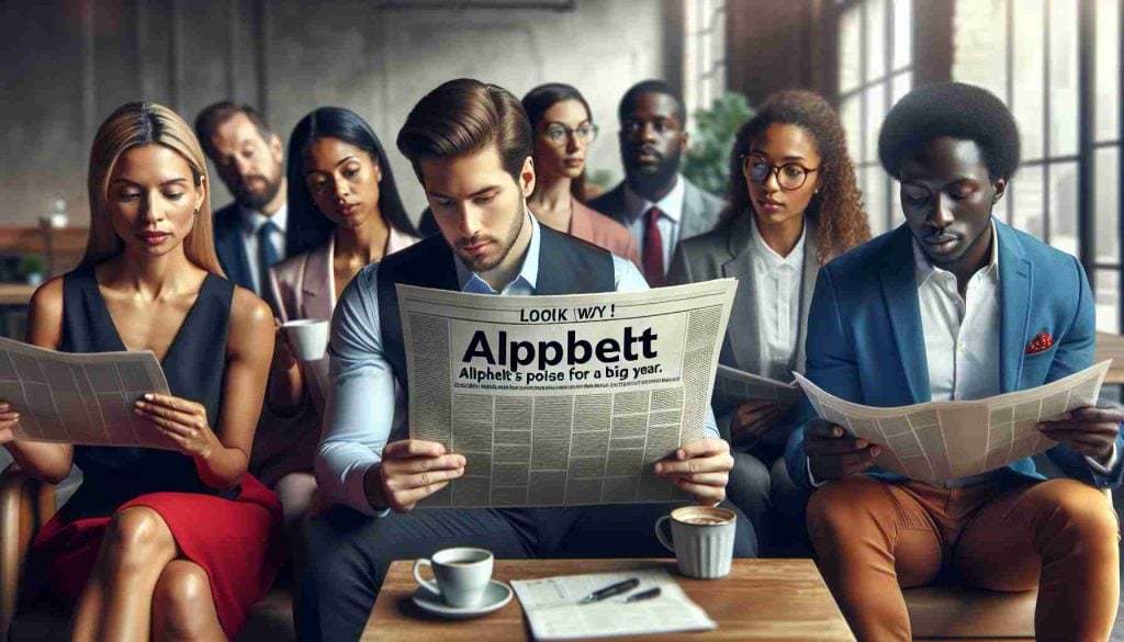 Create a realistic high-definition image of a group of culturally-diverse investors reading a bright, noticeable headline on a financial newspaper that says, 'Look This Way! Alphabet is Poised for a Big Year.' They should appear focused and interested. The setting could be a chic office or a cozy coffeehouse. Please, ensure that there is an equal distribution of gender and different descents such as Caucasian, Black, Hispanic, Middle Eastern, South Asian, and East Asian.