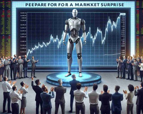 Visualize a realistic HD photo concept representing the theme 'Surprise Market Bet on an AI Giant'. This includes an imposing, robotic humanoid, symbolizing the AI giant, standing confidently on a graph that indicates a volatile stock market. Surrounding this, investors depicted as diverse group of people applauding, looking surprised, and pointing at the giant. They are in a sophisticated trading floor setting filled with screens displaying various market trends and indices. The headline 'Prepare for a Market Surprise' dynamically appears across the top.