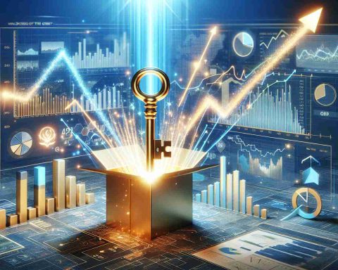 Create a realistic HD image representing the concept of 'Unlocking the Secret' with an emphasis on the exciting surprises that could potentially be unveiled in future Initial Public Offerings (IPOs). The scene should include elements such as a giant gold key unlocking a shining box filled with dynamic graphs, charts and tables with glowing arrow lines indicating upward movement, symbolizing the potential growth and prosperity. The scene should carry a sense of intrigue and anticipation and is set against a background of a financial market landscape.