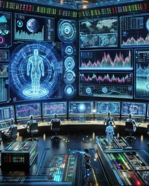 An image representing the process of artificial intelligence taking control of stock market trends and events as envisioned in 2025. The main focus should be on a futuristic command center filled with multiple holographic screens displaying graphs, statistical data, and algorithms. The console is monitored by AI robots, with diverse human-like appearances, actively interacting with the data screens. Reinforce the setting with elements suggesting high technology and automation, such as drone assistants, wire networks, complex mainframes, and neon-lit surroundings. Please, do not include identifiable logos or specific companies in the image.