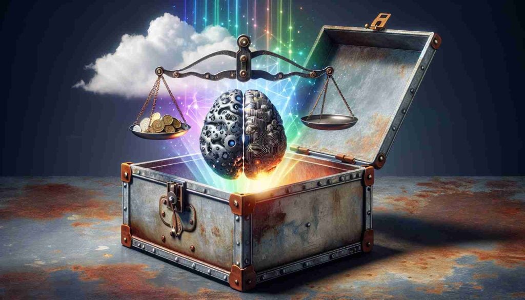 A high-definition, realistic image depicting the concept of 'unmasking' an artificial intelligence revolution symbolically represented by an illustrative mechanical brain situated inside of an opened top of a rough-surfaced, weathered metal box. The brain emits a bright, visionary light illuminating subtle rainbows in the background. A thought bubble rises from the mechanical brain containing a balance scale. On one pan, there are quantum bits (qubits) representing high potential benefits, while on the other pan, there's ancient Roman currency denoting investment to enhance the metaphor of 'is it the right time to buy?'