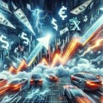 A high-definition image illustrating the concept of massive investment surge in the electric vehicle industry. Depict a dynamic stock market scene with graphs soaring upwards, symbolizing significant interest sparked by individual and institutional investors. Include elements like currency symbols, figurative lightning bolts to represent the energy sector, and icons of electric vehicles. The scene should evoke excitement, potential, and a sense of momentum.