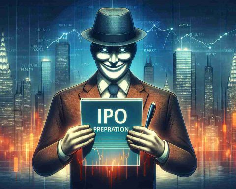 Visual representation of a significant shake-up in the banking sector in high-definition. Person with a enigmatic smile and business attire holding a document titled 'IPO Preparation', symbolizing a company's upcoming public debut. The backdrop consists of a bustling city with tall skyscrapers, representing the financial sector.