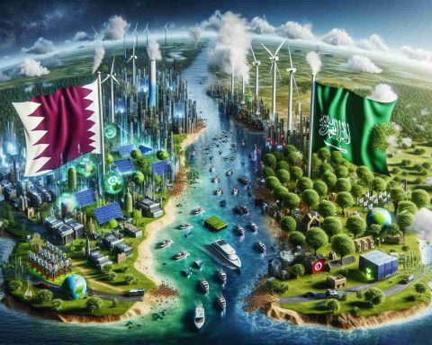 An impactful, realistic high-definition depiction to showcase the theme 'A Billion Reasons to Go Green'. Picture two countries (represented symbolically, not as geographical locations), one signifying Qatar and the other the UK, implementing green measures. Please include futuristic, green-technology landscapes, possibly renewable energy sources such as wind turbines, solar panels, and electric cars. Also show metaphorical initiatives like tree planting, recycling symbols, and pollution control in water and air. The scene should inspire environmental responsibility and reflect collaboration between nations.