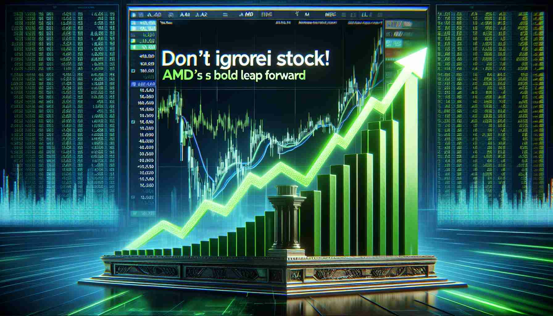 A hyper-realistic, high definition image of a dynamic stock market scene. In the foreground, there's a stock symbol for a major technology company named 'AMD.' The stock chart shows a bold upward trajectory, featuring dramatic green bars indicating growth and positive momentum. The words 'Don't Ignore This Stock! AMD's Bold Leap Forward' are compellingly rendered in bold and stylized typography.