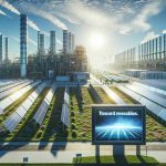 High-definition, realistic photo showcasing the dynamic shift towards renewable energy sources. For portraying, imagine a large industrial complex which was traditionally powered by fossil fuels now transitioning towards solar power. Offices and field facilities are thoroughly equipped with sleek and modern solar panels that reflects the sunlight. The environment is bright and ambient. Nearby, an informative billboard communicates the revolutionary change with 'Toward Renewables' written on it boldly. Set this scene during a clear sunny day to highlight the effectiveness of solar power.