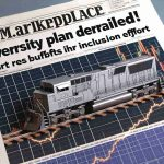A realistic high-definition image of a newspaper headline saying 'Marketplace's Diversity Plan Derailed! Court Rebuffs Inclusion Effort'. The page also includes an abstract illustration of a derailed train on a stock market graph as symbolism of the news headline.
