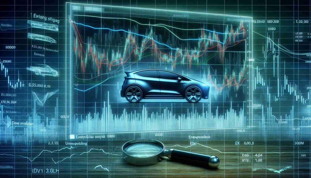 A detailed and realistic HD image of a stock market chart with focus on a fictitious electric vehicle company. The chart should present unexpected trajectory and various hidden patterns should be unveiled, implying an in-depth analysis of the company's performance.