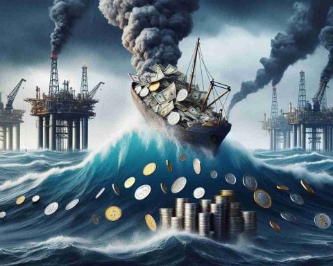 Create a realistic, high-definition image that symbolizes energy markets in turmoil. Depict a tumultuous sea during a storm as a metaphor for the energy markets, and a sinking ship made of coins and bills signifying one's financial stability affected. There could also be oil rigs in the background, being battered by the storm. This imagery should evoke a sense of financial uncertainty linked to the volatility of energy markets.