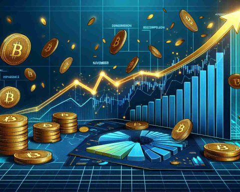 An illustration depicting the concept of a surge in the value of a cryptocurrency, specifically in the context of November. The scene shows a graphical representation with an upward trend line, set against a backdrop of falling golden coins (to represent the potential goldmine for investors). It should also include some analytical elements such as a pie chart, bar graph, or line graphs to show the distribution and trends of various digital investments.