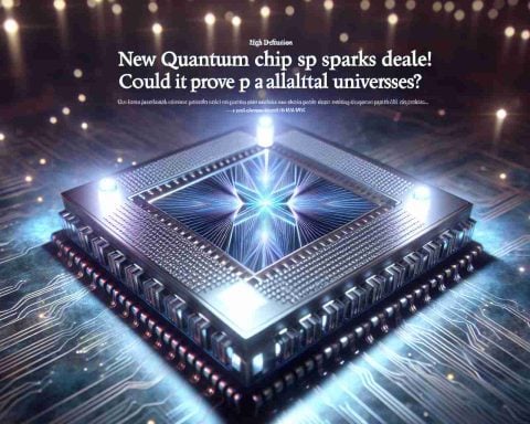 A high-definition, realistic image of a newly developed quantum chip. Its intricate design sparks conversation, possibly leading to theories about evidence of parallel universes. The chip lies on a table, illuminating with ethereal lights, reflecting off its metallic components, and casting an entrancing optical display. The background is blurred, focusing all attention on the pivotal subject- the quantum chip. Above the image, stylized text reads: 'New Quantum Chip Sparks Debate! Could It Prove Parallel Universes?' injecting curiosity and fueling debates among the viewer.