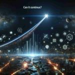 Realistic high-definition representation of the concept of a tech company's meteoric rise, symbolized by an ascending shooting star in a dark night sky. Around it, various technology-related elements to present the idea of progress and innovation. The question, 'Can It Continue?' hovering slightly above the star, shedding light on the uncertain future of rapid growth industries.