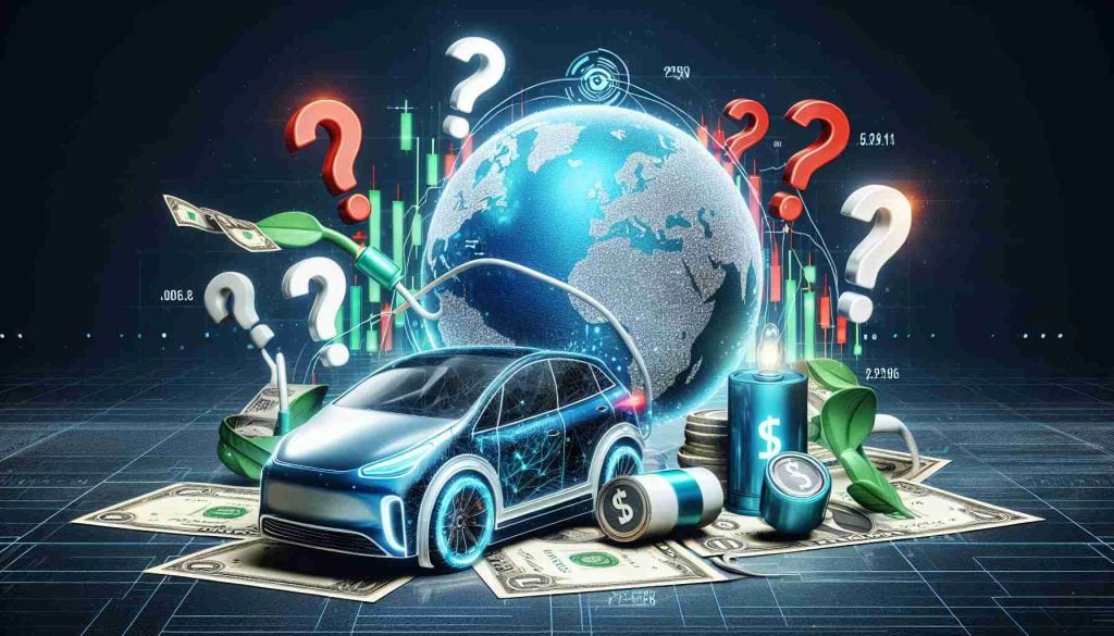 Realistic high definition illustration signifying the price variation of an electric automobile company and it sparking global attention. Display the capturing of investors' interest and their anticipation for upcoming announcements. The image could have symbols of money, the globe, the electric car, and question marks to indicate uncertainty and suspense.