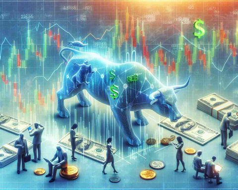 A realistic high-definition image of a conceptual representation of the topic 'Has a major tech company transformed stock market access? What this implies for regular investors'. The picture could possibly consist of the bull and bear symbols of the stock market, with digital enhancements to symbolize modern technology's impact. Currency notes and coins can be scattered around implying investment. Laypeople, of diverse descents and genders, studying financial charts and graphs might be incorporated to signify 'everyday investors'.