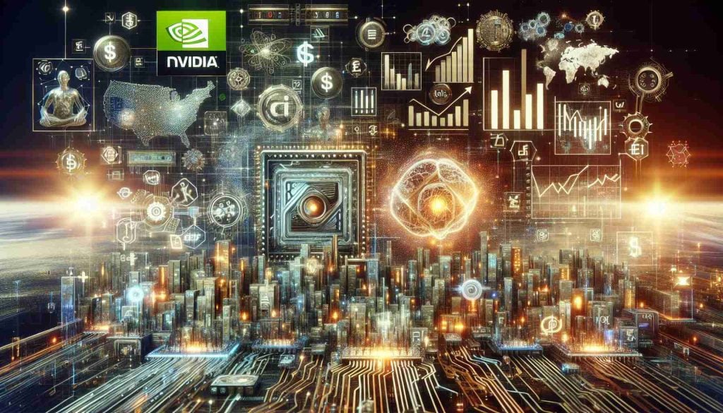 Create a realistic, high-definition rendering to portray the impact of NVIDIA's AI revolution on everyday life and global economic dynamics. This abstract image could include various elements which are symbolic representations of advanced technologies, such as intricate circuits, glowing data streams, AI-driven machinery, and futuristic cityscapes. Also, weave in motifs that hint at global exchange and economy including various world currencies, trading bar charts and digital global maps.