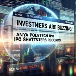 A realistic high-definition image showing a financial news headline reading 'Investors Are Buzzing! Anya Polytech IPO Shatters Records.' There's an overlay of stocks exchange board with numbers and graphs, symbolizing the company's success following its initial public offering.