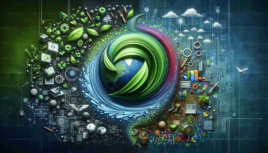 Generate a high-definition, realistic image visualizing the concept of a bold shift in a business enterprise. This change is seen as potentially game-changing, but skepticism looms over its authenticity, painting it as merely a green gloss. Include in the image symbols of change, innovation, and sustainability, along with elements that suggest tentativeness and skepticism.