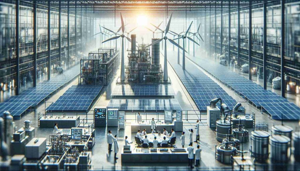 A realistic HD photo showcasing the scenario of major technological breakthroughs at a renowned modern clean energy company. Imagine the image representing the inception of a new era of clean energy technology. The focus could be on solar panels and wind turbines in an industrial production environment, research and development laboratories with sophisticated equipment, or collaborative meetings of engineers, preferably of diverse gender and descent, brainstorming innovative ideas. The atmosphere should imply progress, innovation and a sustainable future.