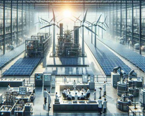 A realistic HD photo showcasing the scenario of major technological breakthroughs at a renowned modern clean energy company. Imagine the image representing the inception of a new era of clean energy technology. The focus could be on solar panels and wind turbines in an industrial production environment, research and development laboratories with sophisticated equipment, or collaborative meetings of engineers, preferably of diverse gender and descent, brainstorming innovative ideas. The atmosphere should imply progress, innovation and a sustainable future.