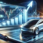 A high-definition conceptual image representing momentous news for an electric car company, symbolizing a potential boost in their stock value. The scene could feature bar graphs or line graphs signifying the stock's rise to new heights, prominently displayed on a visible computer screen. Beside the screen, an electric car model with gleaming details, representative of the company's success.