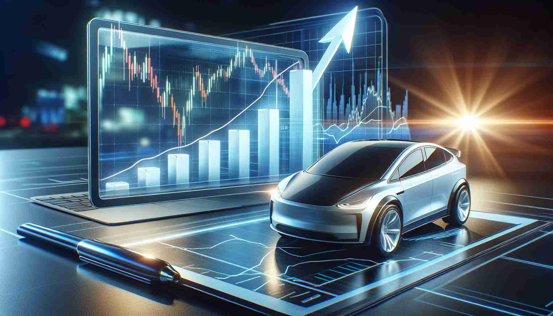 A high-definition conceptual image representing momentous news for an electric car company, symbolizing a potential boost in their stock value. The scene could feature bar graphs or line graphs signifying the stock's rise to new heights, prominently displayed on a visible computer screen. Beside the screen, an electric car model with gleaming details, representative of the company's success.