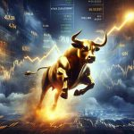 Create a photorealistic image of a stock market-themed scene. Show a dramatic increase or 'explosion' on a stock market graph to represent a promising investment scenario. The central focus of the image should be a leader within the market, depicted as a symbolic golden bull charging forward, representing the bullish trend. Please ensure the image is high definition and has a professional, serious tone to it. The caption within the image should read: 'Stock Explosion Ahead? Wall Street Bets on This Market Leader'.