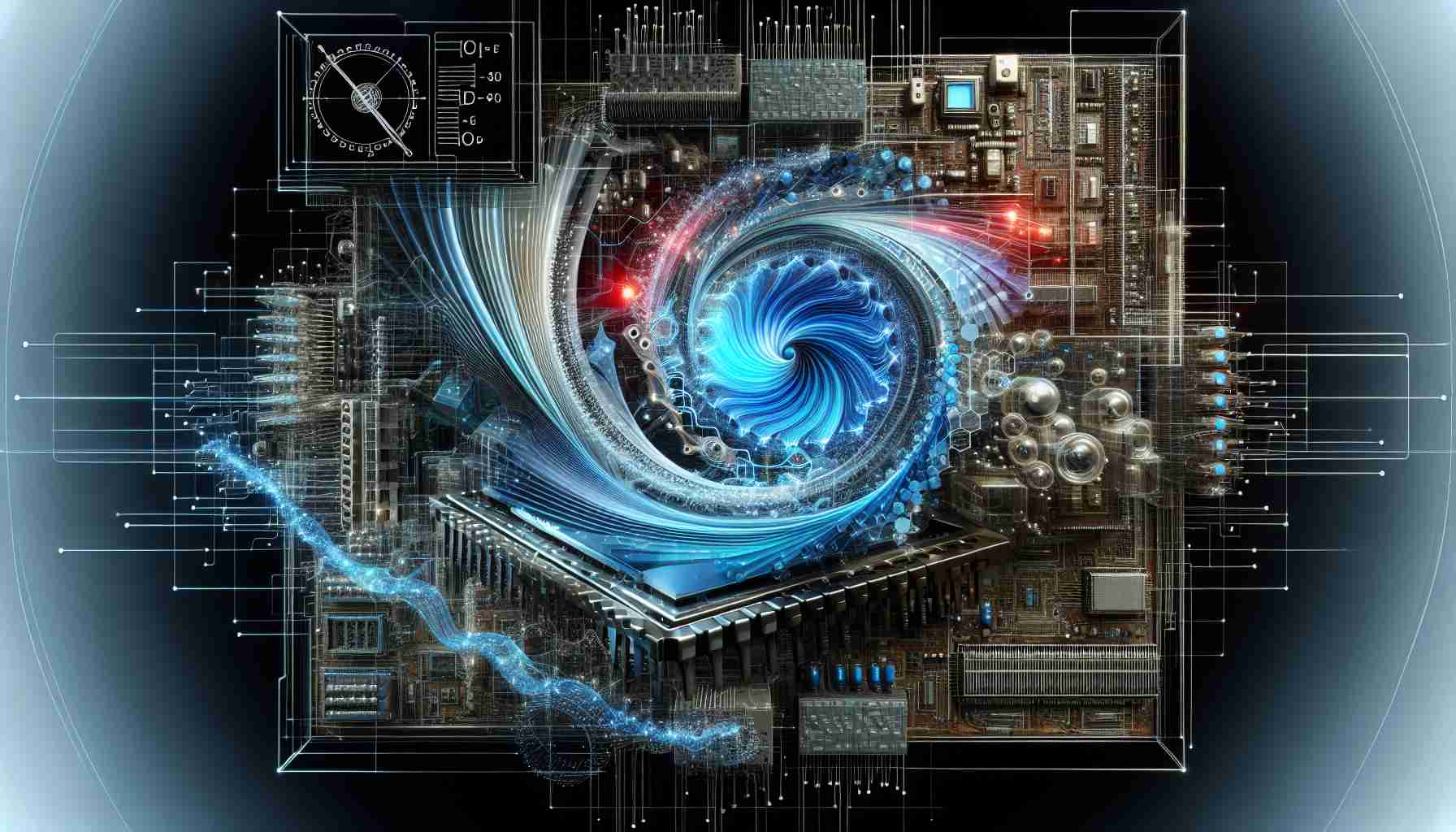 Generate a high-definition, realistic representation of the concept 'Quantum Leap' or 'Quantum Hype'. It should include a visual testament to the potential of D-Wave's technology, perhaps by showcasing complex calculations, circuits, data flow diagrams, or futuristic computing machinery.