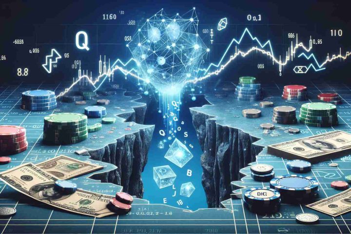 A detailed high-definition illustration representing the future of quantum computing stocks. Depict a conceptual visualization where the world of quantum computing is represented as a leap across a chasm or as a risky bet on a gambling table. Display symbols of computing and financial trade like circuits, quantum symbols, digits, stock curves, paper money, and coins to signify the risky nature of investing in this field.