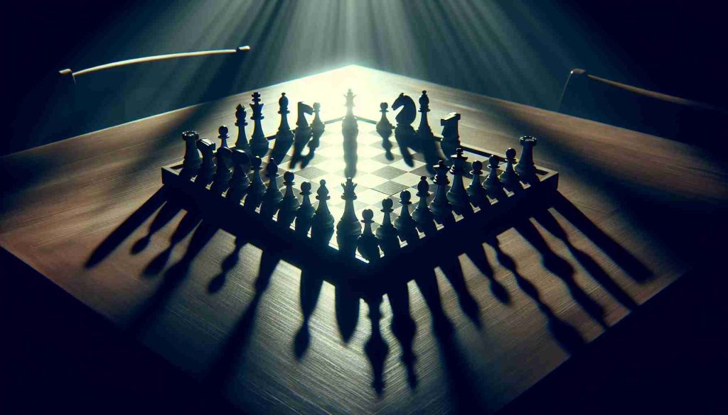 Generate a high-definition image of a chess board mid-game, symbolizing strategic decisions. The table is dimly lit, casting long shadows on the polished surface, a quiet air of suspense and deliberation fills the scene. The pieces on the chessboard are positioned in a complex formation, suggesting a masterful strategy or mysterious move is underway.