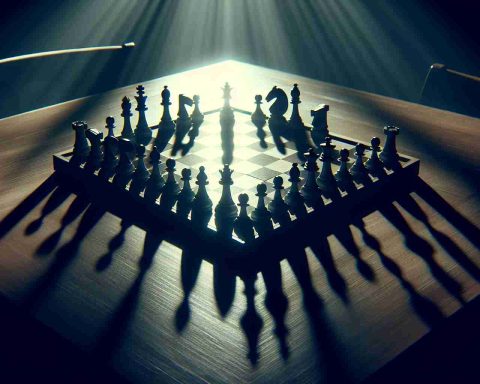 Generate a high-definition image of a chess board mid-game, symbolizing strategic decisions. The table is dimly lit, casting long shadows on the polished surface, a quiet air of suspense and deliberation fills the scene. The pieces on the chessboard are positioned in a complex formation, suggesting a masterful strategy or mysterious move is underway.