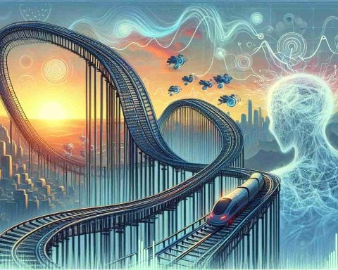 Create a highly detailed digital painting that depicts a metaphorical image of a rollercoaster, illustrating the ups and downs of the stock market. The rollercoaster track bends and twists, reflecting both optimism and uncertainty. There are elements indicating artificial intelligence, such as autonomous robots and visualization of neural networks, scattered about, hinting at the AI-driven future of the market. Despite the volatility depicted, there remains a warm, hopeful sunrise on the horizon, expressing the bullish sentiment experts are stating.