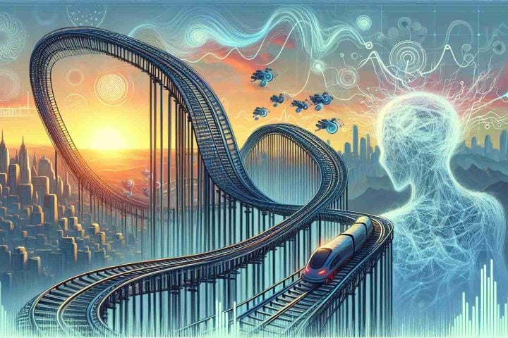 Create a highly detailed digital painting that depicts a metaphorical image of a rollercoaster, illustrating the ups and downs of the stock market. The rollercoaster track bends and twists, reflecting both optimism and uncertainty. There are elements indicating artificial intelligence, such as autonomous robots and visualization of neural networks, scattered about, hinting at the AI-driven future of the market. Despite the volatility depicted, there remains a warm, hopeful sunrise on the horizon, expressing the bullish sentiment experts are stating.