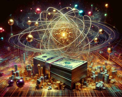 A high-definition, digital artwork capturing a large scale financial investment in quantum technology advancement. The image includes the visualization of quantum particles—atoms, protons, neutrons, and electrons—surrounding an abstract representation of a big pile of cash or gold. It should convey a sense of excitement and potential innovation, intimating that such a massive investment could drastically alter the landscape of technology in the future.